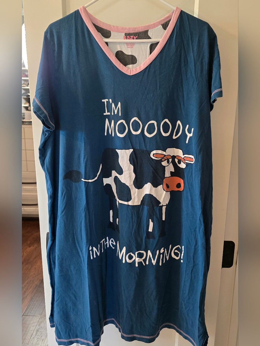 "I'm Moooody In The Morning! Blue Nightshirt with Pink Trim  Cow Print Size XL
